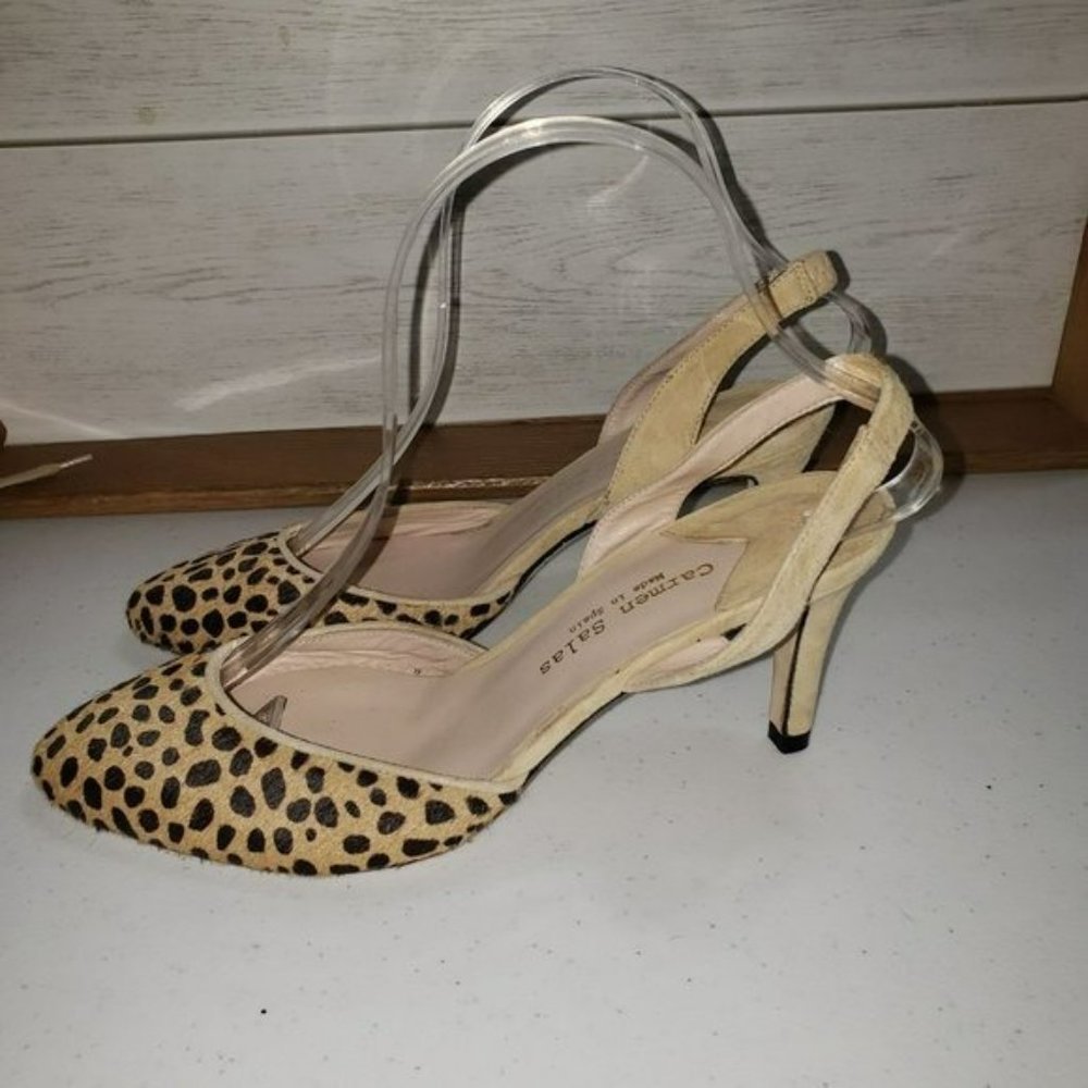 Carmen Salas Calf hair Sling Back Leopard Heels SZ 38 (US 7-7.5) Anthropologie - Picture 4 of 11